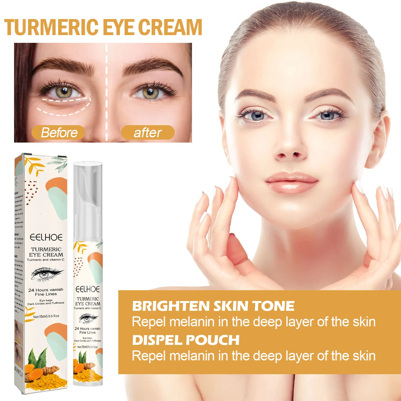 Eelhoe Turmeric Eye Cream Fade Eye Corner Fine Lines and Dark Circles Dark Circle Removal Anti-Wrinkle Brightening Skin Makeup