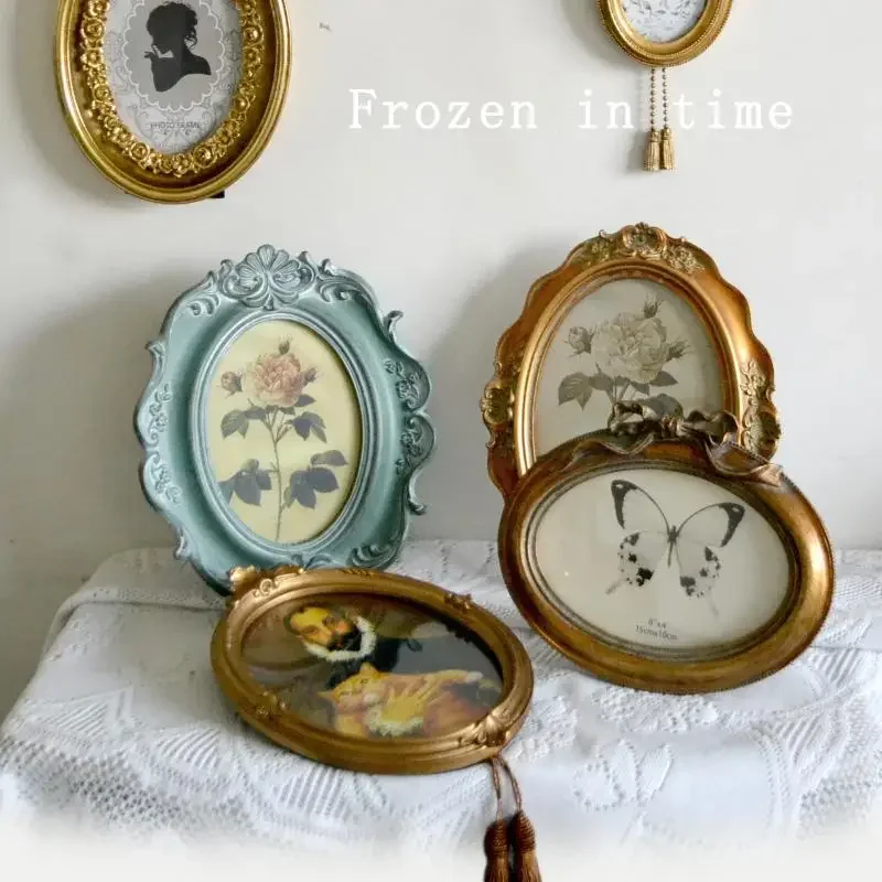 

Oval European style palace resin carved picture frame hanging on wall, American style retro vintage vintage, foreign trade table