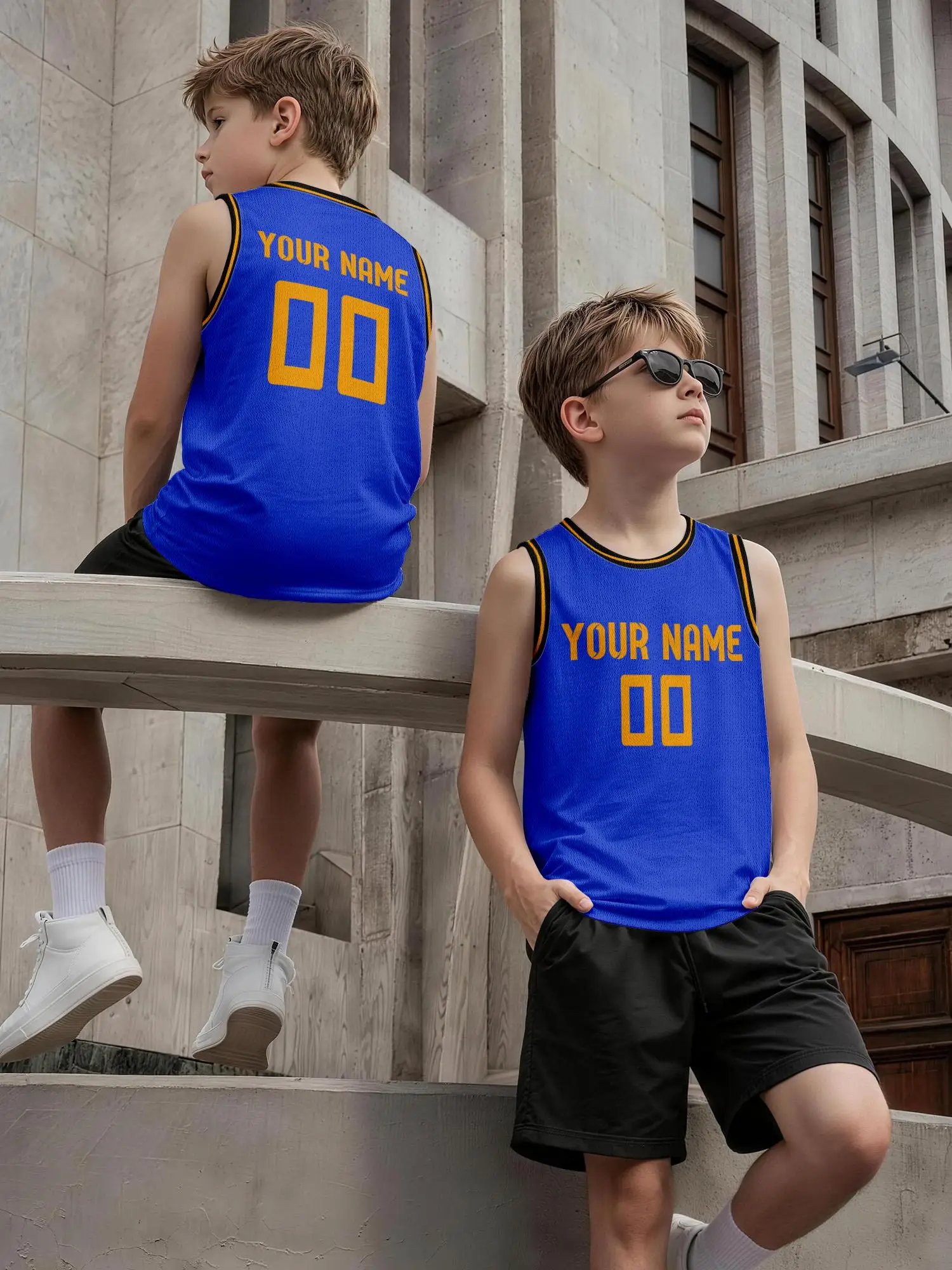 Royal‑Blue Gold Trim Custom Basketball Jersey Set, Adults Kids Name Number Print Quick‑Dry Uniform