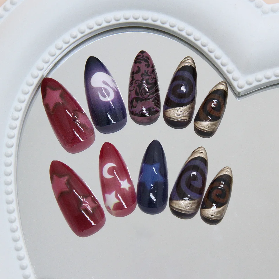 24pcs uñas postizas almendra estilo Y2K, diseño luna y estrella, patrón de cisne, uñas press-on dulces y geniales de cobertura completa 4