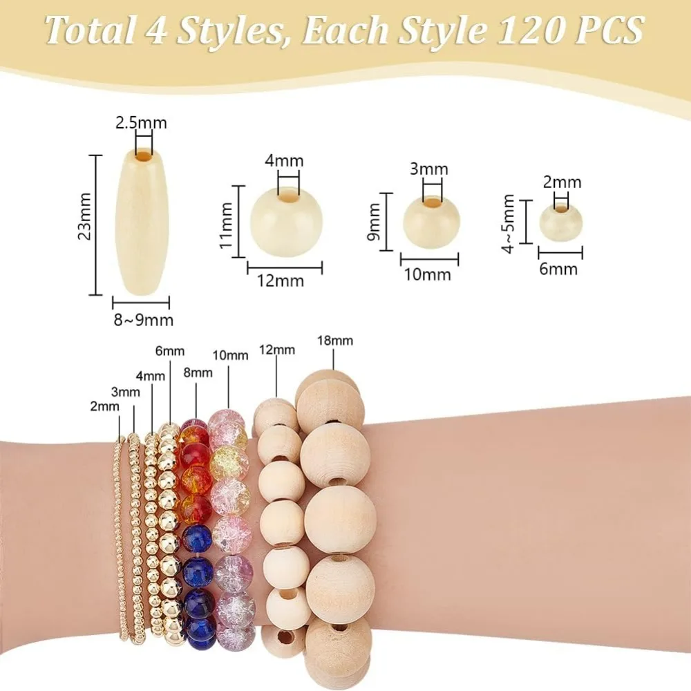 480개 4가지 스타일 나무 구슬 목공예 구슬 6~23mm 쌀알 모양 원형 나무 스페이서 구슬 마크라메 헤어 공예용