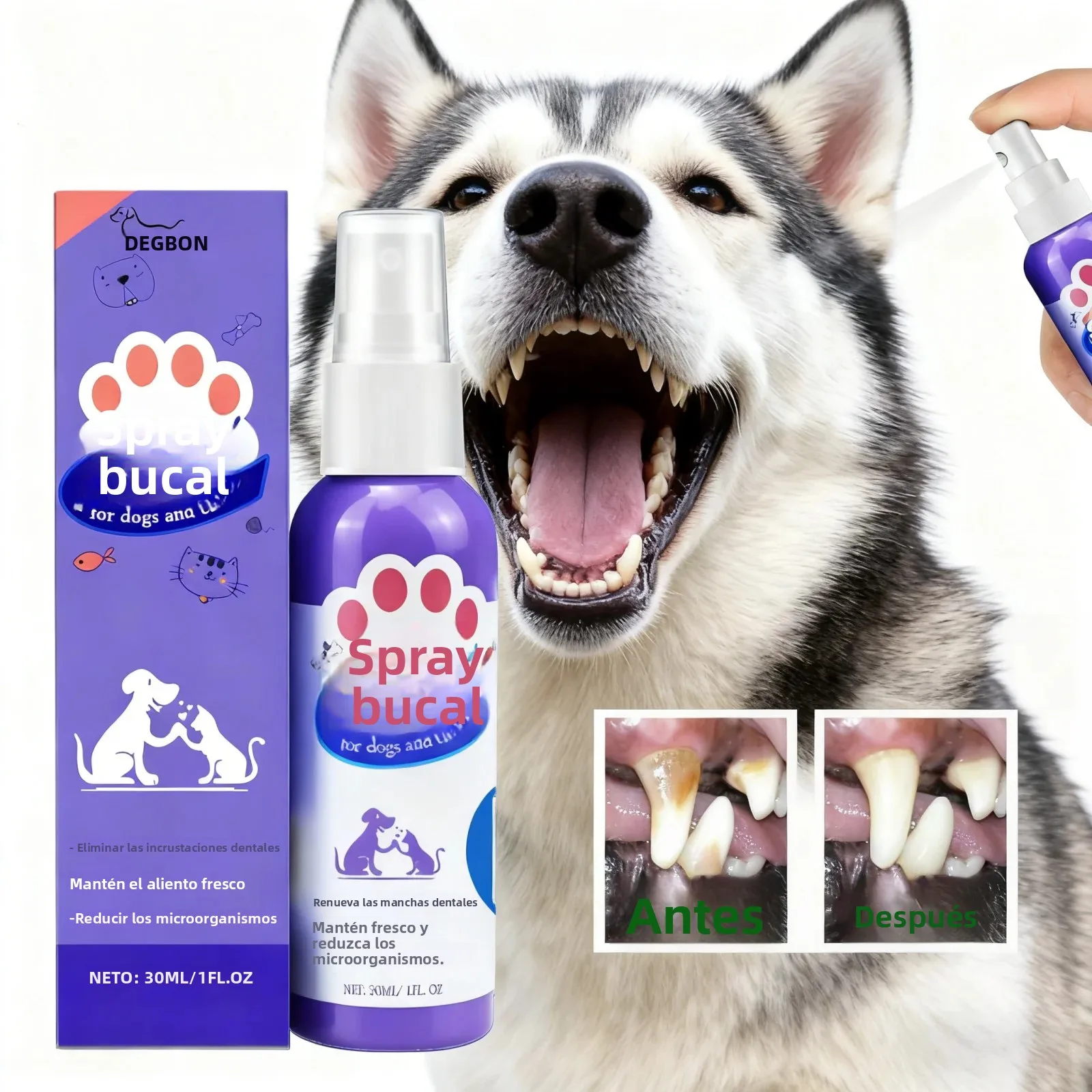 Spray de limpieza de dientes para mascotas, eliminador de sarro para perros y gatos, ambientador para el cuidado bucal del mal aliento, higiene Dental, aditivo de agua, Control de placa