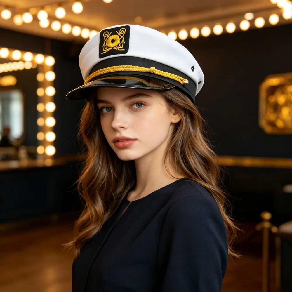 European and American White Embroidered Navy Hat Party Sailor Hat Fun Flat Top Military Hat