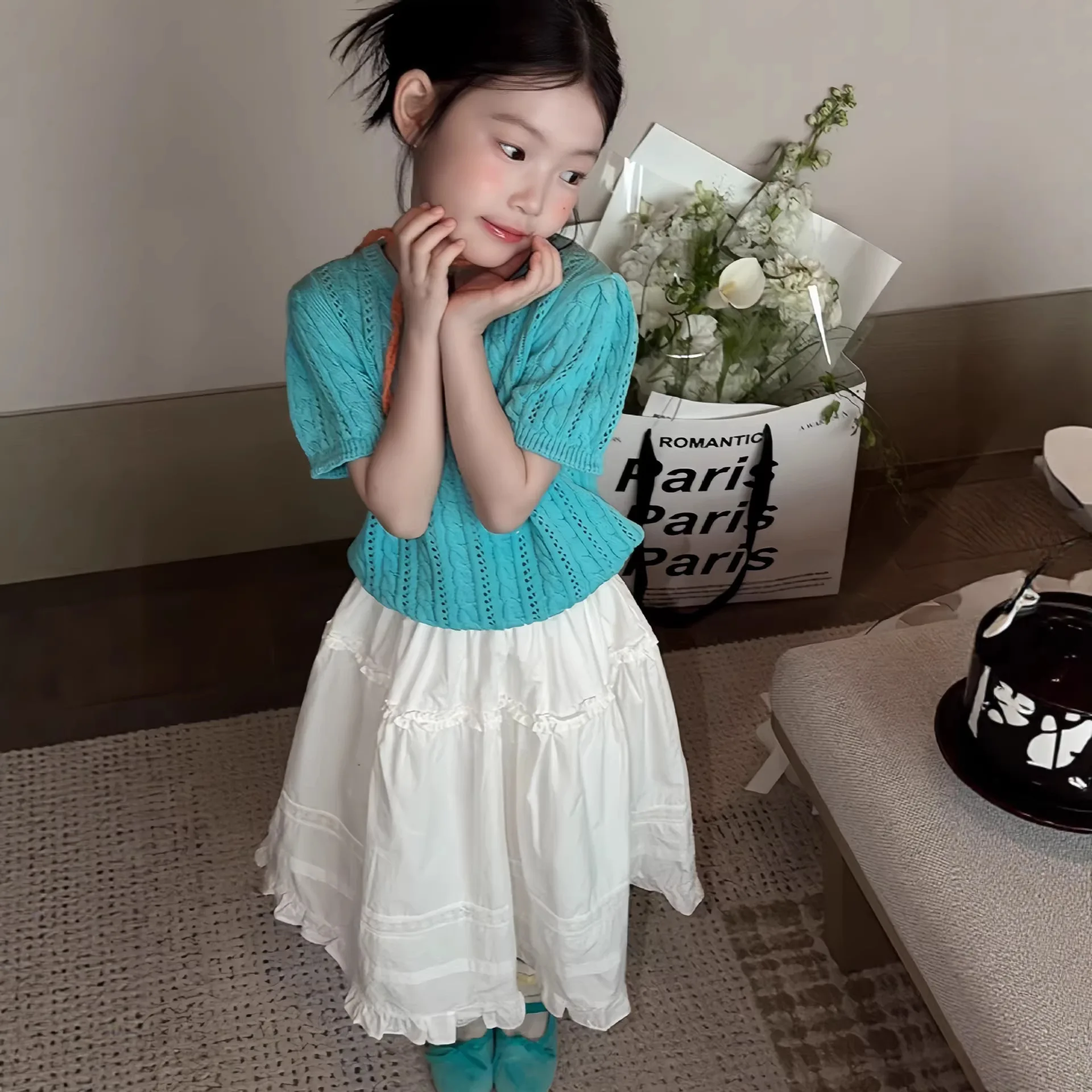 Children Clothing 2026 Summer New Korean Girls Solid Thin Cut Hollow Out Short Sleeved Knitted Sweater Round Neck T-shirt