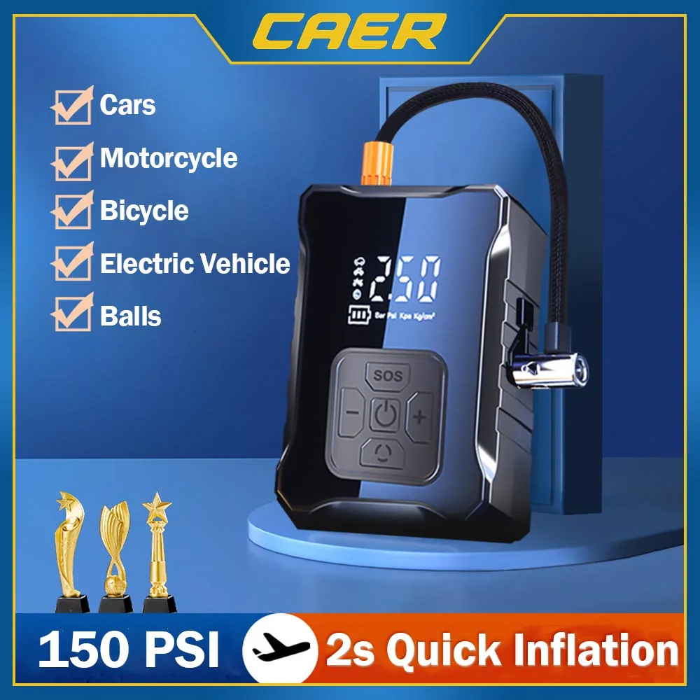 CAER Mini Air Compressor 12V 150PSI Portable Electric Pump Car Tire Inflator Wired/Wireless for Motorcycle Bike Tire Inflation