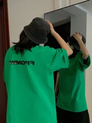 Plus Size Chic Green Short Sleeve T-Shirt Women's Loose Printed Summer Top Couple's Matching Hong Kong Style Korean Basic Design