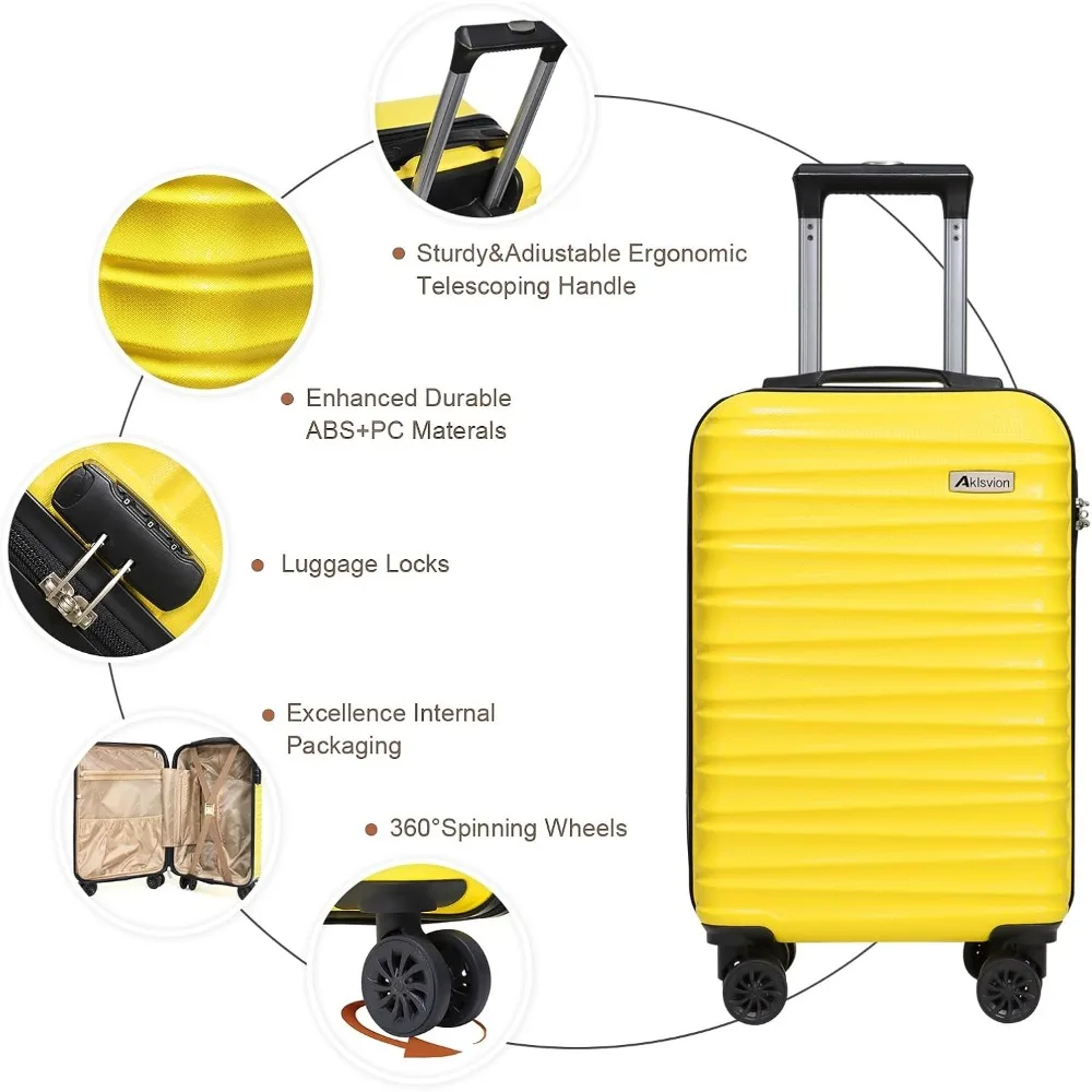 ABS Hardshell Spinner Luggage Set: 3 Piece Carry-On Suitcase, Weekender Bag, Toiletry Bag - Yellow Travel Essentials