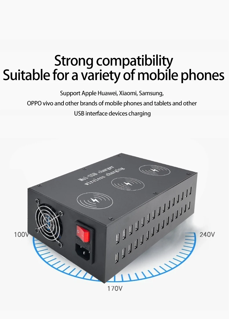 High-power Phone Charging Dock Wireless Charger+USB 30 Ports Charger Multi Ports Charging Pile 3-bit 110/220V
