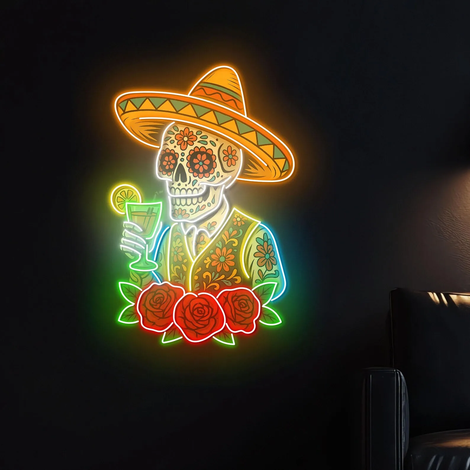 Mexican Skeleton Neon Sign,Cocktail Neon Sign,Bar Decor,Tequila Lounge,Skeleton Neon Sign,Martini Lover Gift,Custom Neon Sign