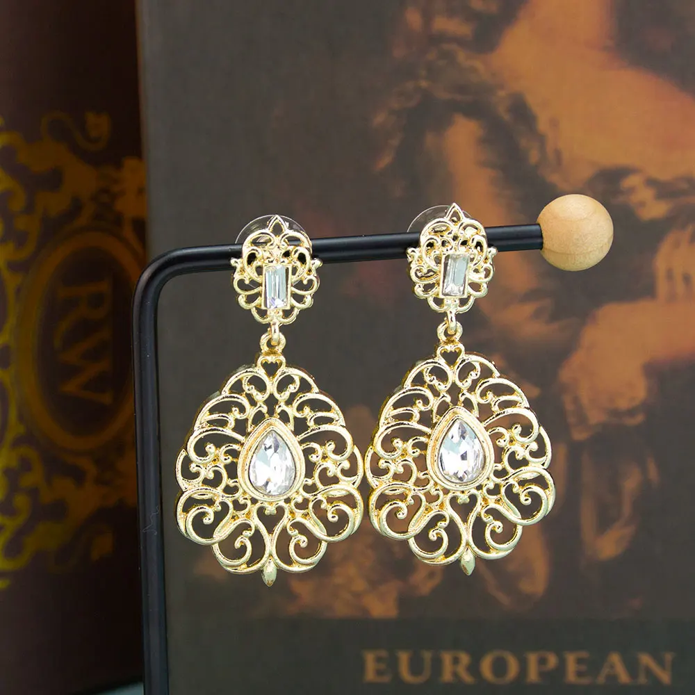 Sunspicems Gold Color Arabic Women Earring Long Drop Morocco Bridal Wedding Jewelry Hollow Arabesque Ethnic Court Bijoux Indian