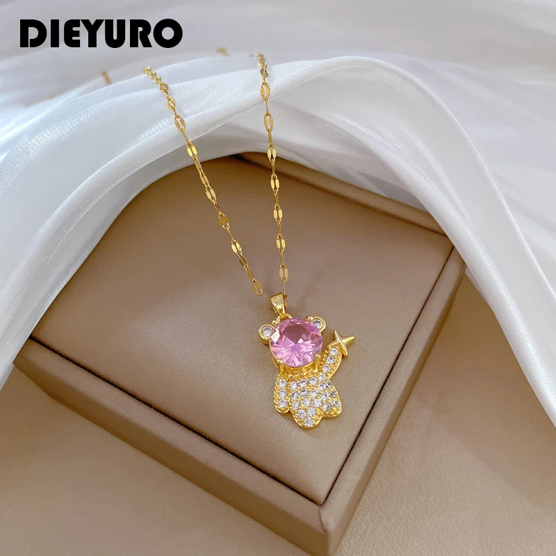 

DIEYURO 316L Stainless Steel Bear Pink Zircon Crystal Pendant Necklace For Women Fashion Clavicle Chain Jewelry Birthday Gift