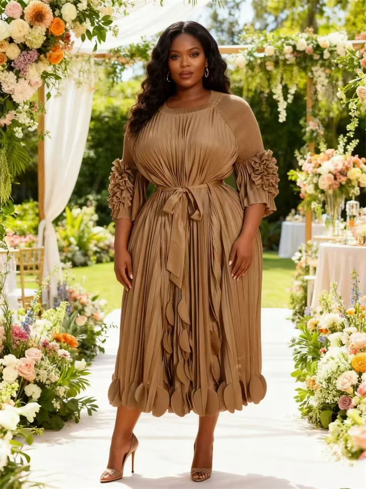 مياكي مطوي 2025 نمط المحكمة الجديد للربيع والصيف رقبة مستديرة بلون سادة زهور مكرنك يدوية مقاس كبير فساتين مطوية #5