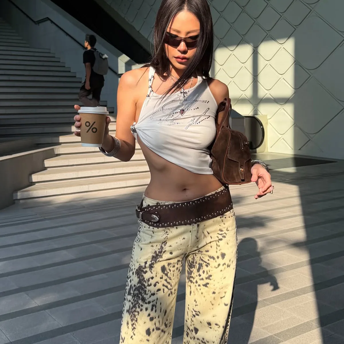 GG  2026 White Side Tie Beaded Straps Crop Tank Top Y2K Sexy Sleeveless Back Tie Asymmetric Print Going Out Tops Women's Summer