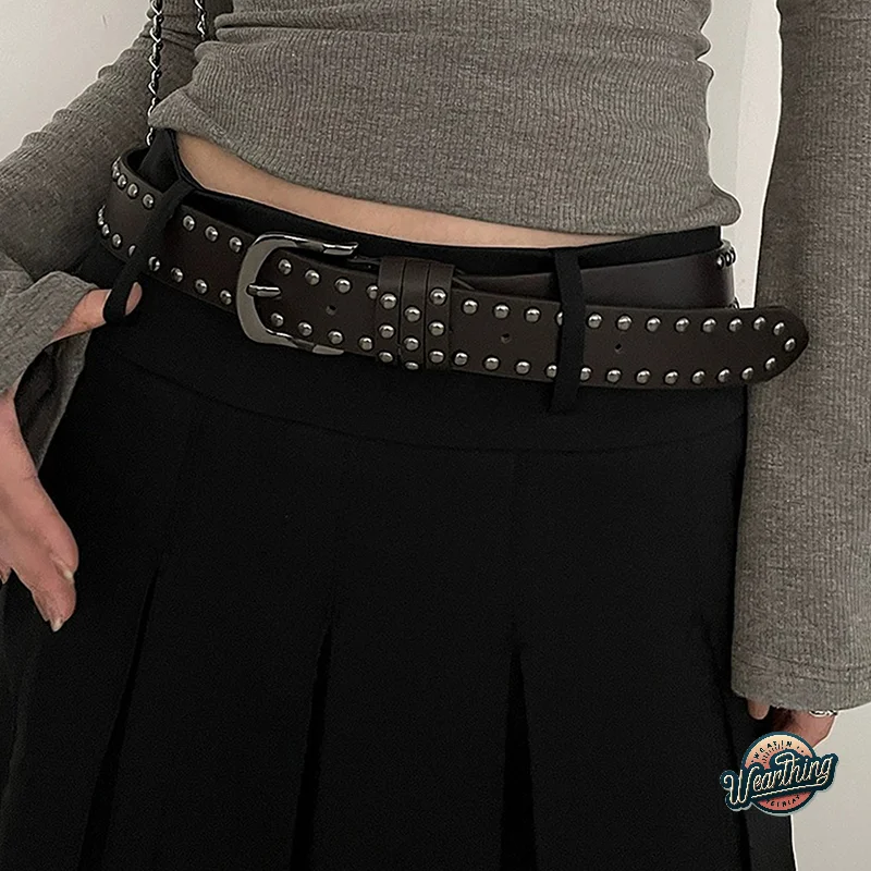 Nuevo Cinturón vaquero para mujer, cinturón atado para mujer, cinturón con remaches con personalidad a la moda, moda negra para personas mayores