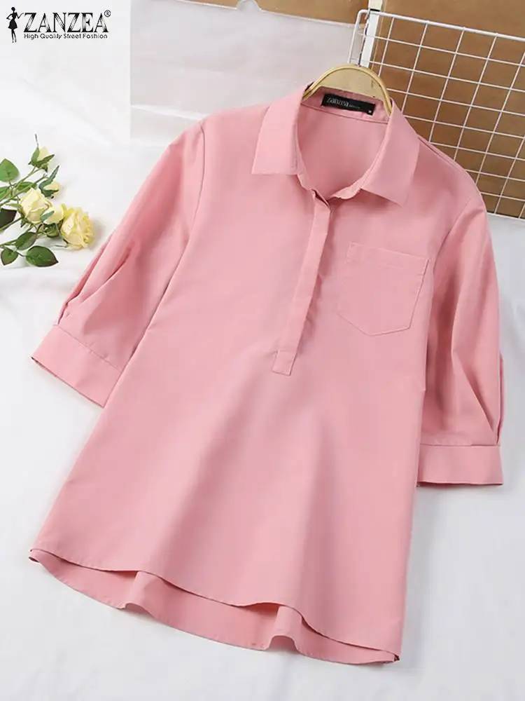 ZANZEA Elegant Women Shirt Fashion Lapel Neck OL Blouse Spring Tunic Tops Female 3/4 Sleeve Work Blusas Oversize Chemise Mujer