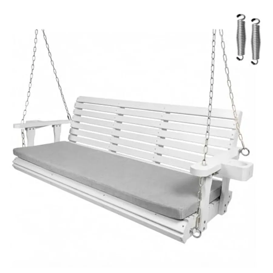 Extended 3-Seater Wooden Porch Swing for Outdoor Use, Natural Wood Finish, Heavy-Duty 880 LBS Capacity with Seat Cushion, Cup H