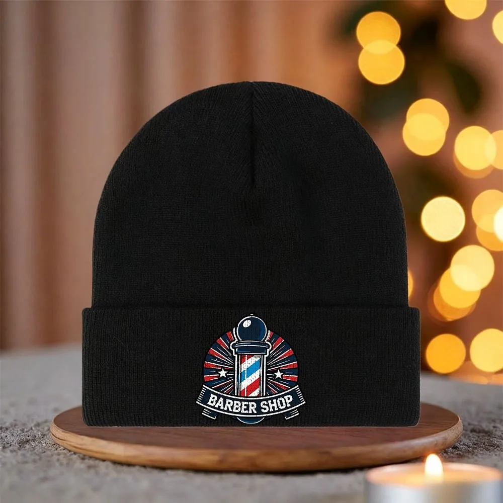 1pc Autumn Winter Outdoor Casual Hat Black Barber Pole Emblem Pattern Beanie with Red White Blue Stripes Retro Sports Style