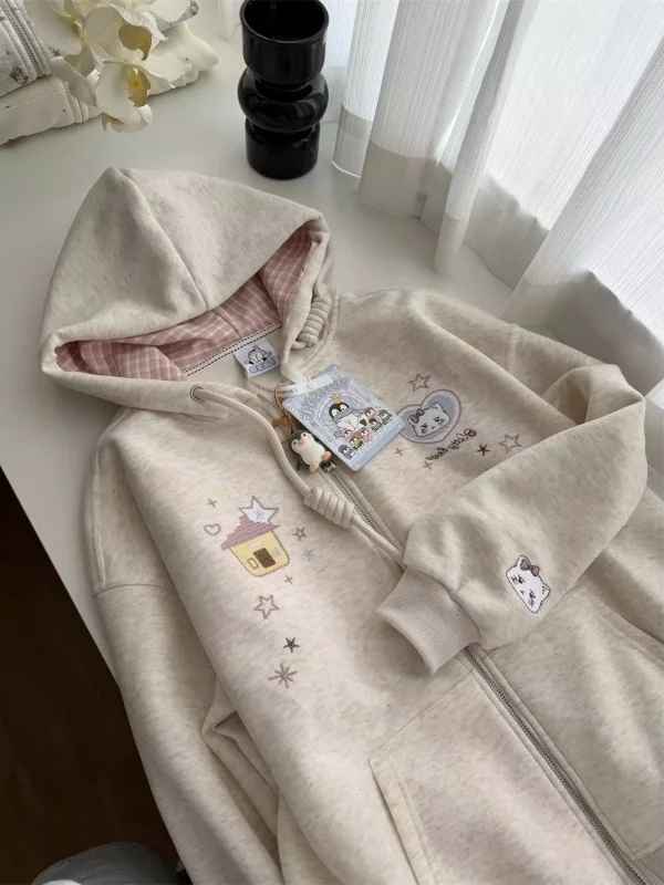 Cute Cartoon Embroidery Drawstring Hoodie Women's Lazy Style Open Cardigan Coat Korean Style Loose Fit Long Sleeve Warmth