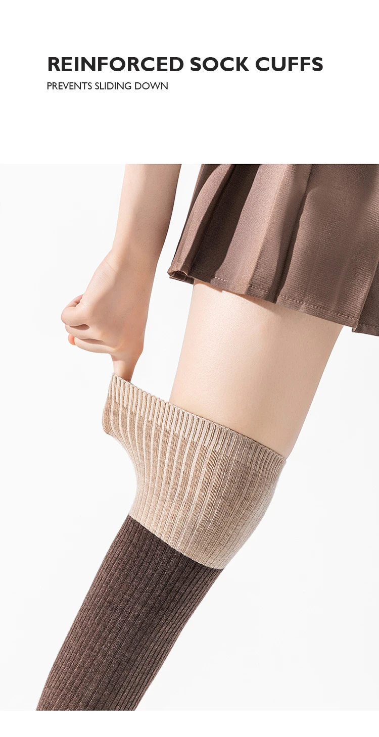 2-farbige Woll-Kniestrümpfe für Damen, gestrickte lange Socken, farblich abgestimmte gerippte warme Wintersocken, 1 Paar, weich, für den Urlaub – Detail 10