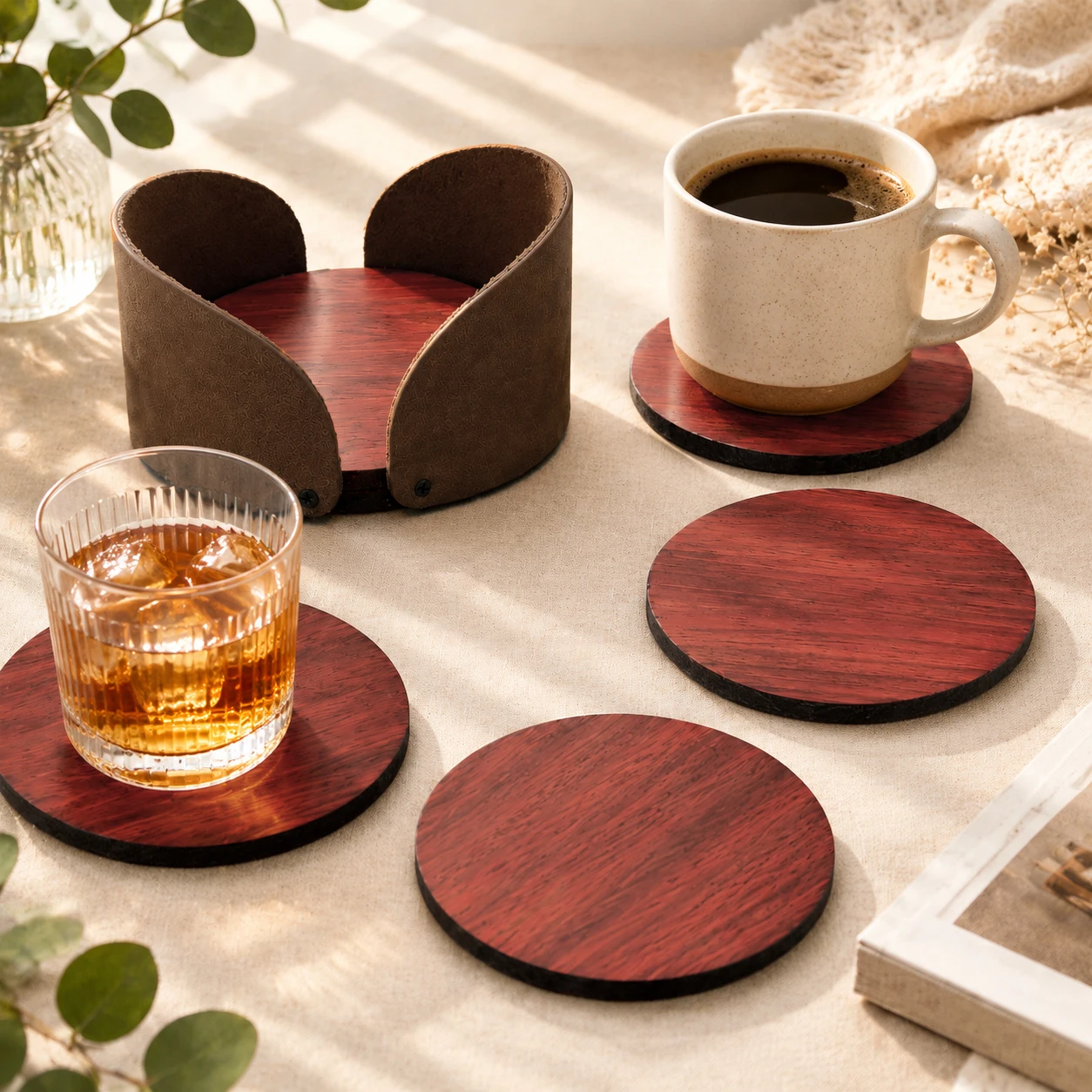 Cross-border Wooden Coaster Set, Vintage Leather Holder Round Wood Heat Resistant Coasters for Coffee Tea Cup Tabletop Decor