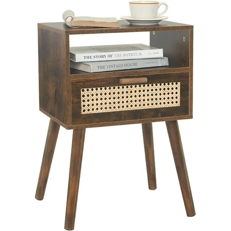 

Mid Century Nightstand, Rattan Side Table with Drawer, Wood Modern Bedside Table for Bedroom, Living Room and Small Spaces