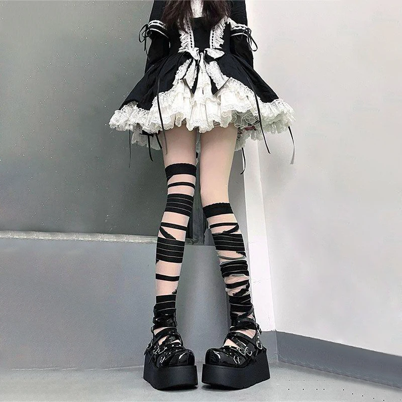 Lolita Black And 1PC White Bandages Thin Jk Uniform Cross Straps Long Knee Length Stockings Women\'s Cosplay Sexy Thigh Stockings