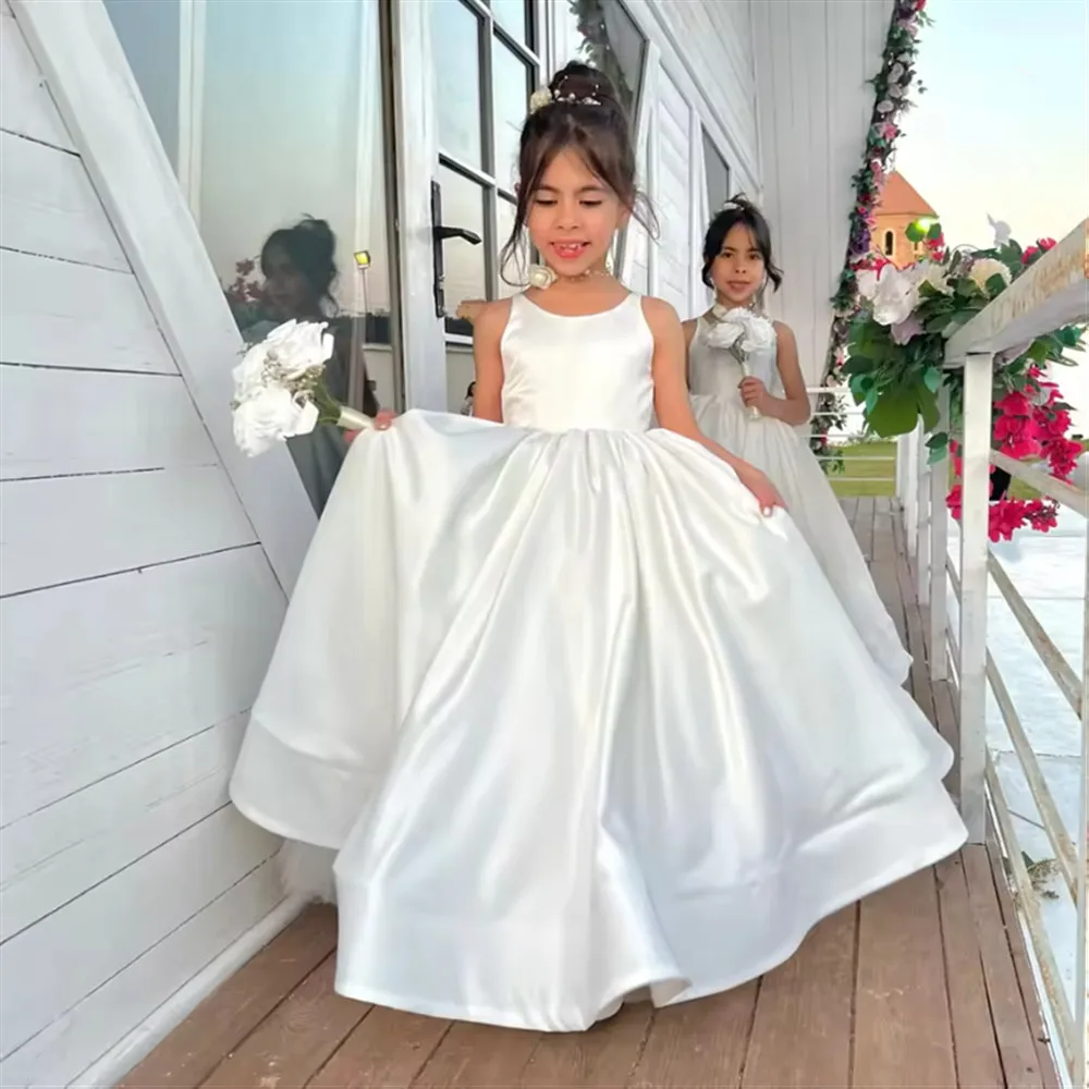Elegancka satynowa sukienka dla dziewczynki na wesele, bez rękawów, z kokardą, sukienka dla dzieci, młodszej druhny, na przyjęcie urodzinowe, vestidos de comunión