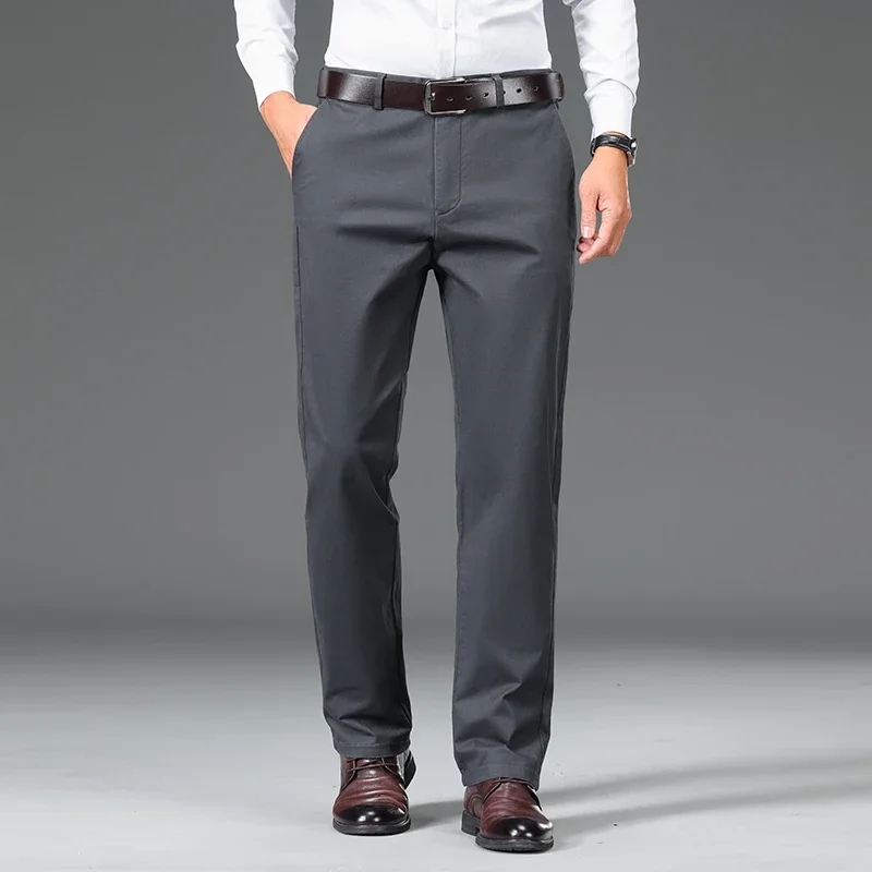97.8% القطن سراويل تقليدية للرجال كلاسيكي مستقيم فضفاض منتصف العمر الأعمال مكتب البدلة بنطلون مريح مطاطا حك السراويل #6