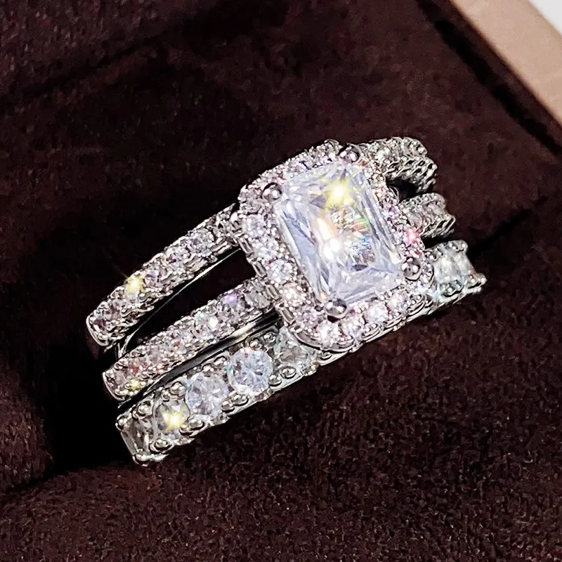 Huitan Modern Fashion Geometric Square Cubic Zirconia 3Pcs Set Women Rings 2023 New Trendy Wedding Party Rings Luxury Jewelry