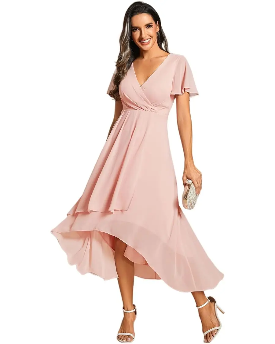 Women's A Line V Neck Ruffle Sleeves Pleated High Low Formal Dresses prom party bridesmaid dresses evening summer wedding dress