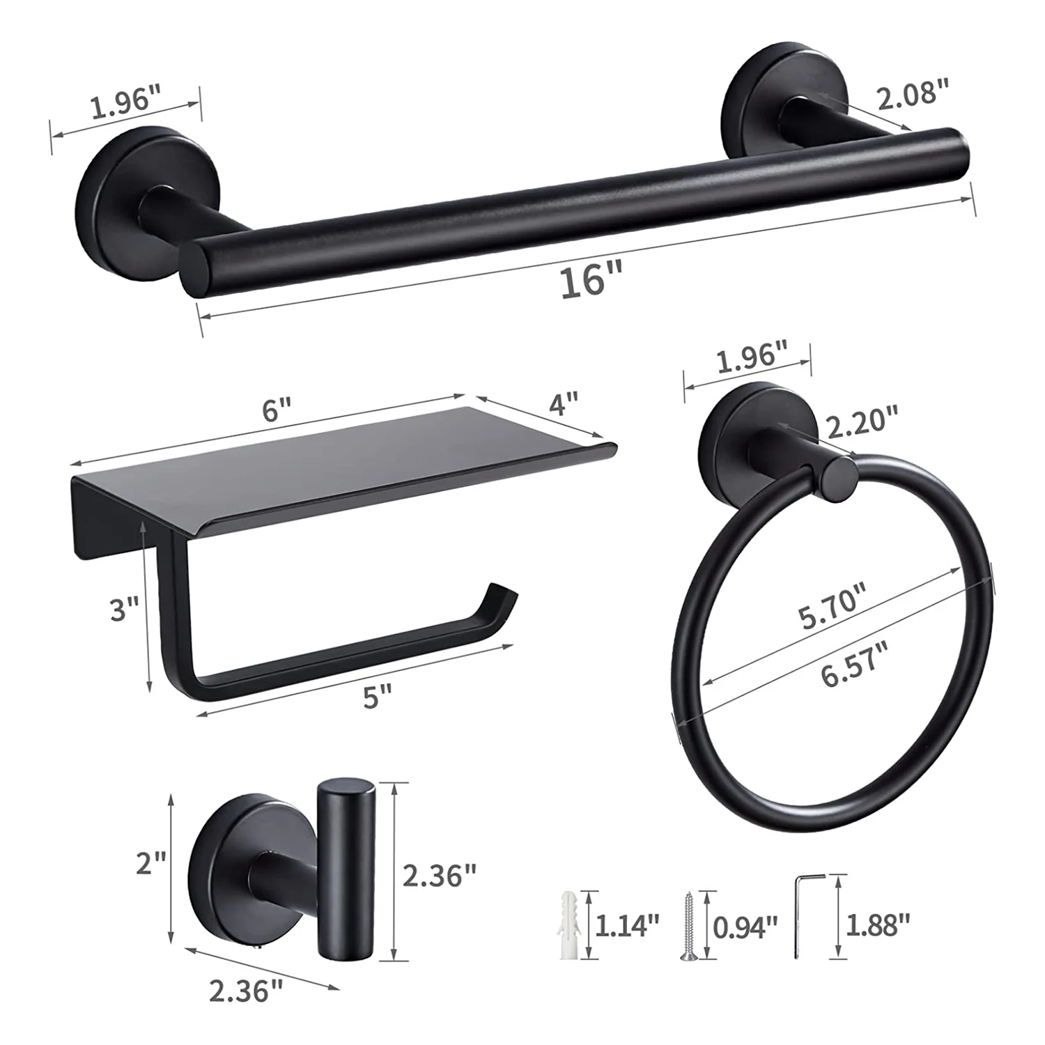 5 Pieces Bathroom Hardware Set, Include 16 Inches Towel Bar, Towel Ring, Toilet Paper Holder with Shelf, 2 Hooks, Black