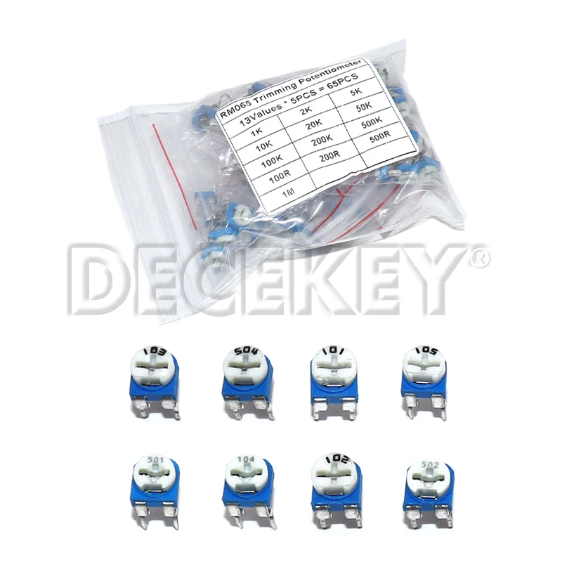 65PCS New Trimming Potentiometer RM-065 Top Adjustment 100R-1M RM065 WH06-2 Variable Resistors Assorted Kit 13Type*5pcs
