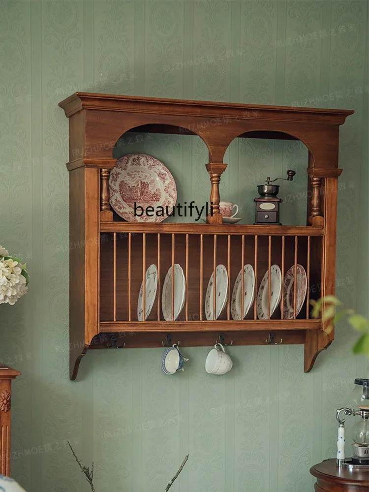 

Medieval solid wood plate rack, retro and old wall decoration storage rack, wooden shelf