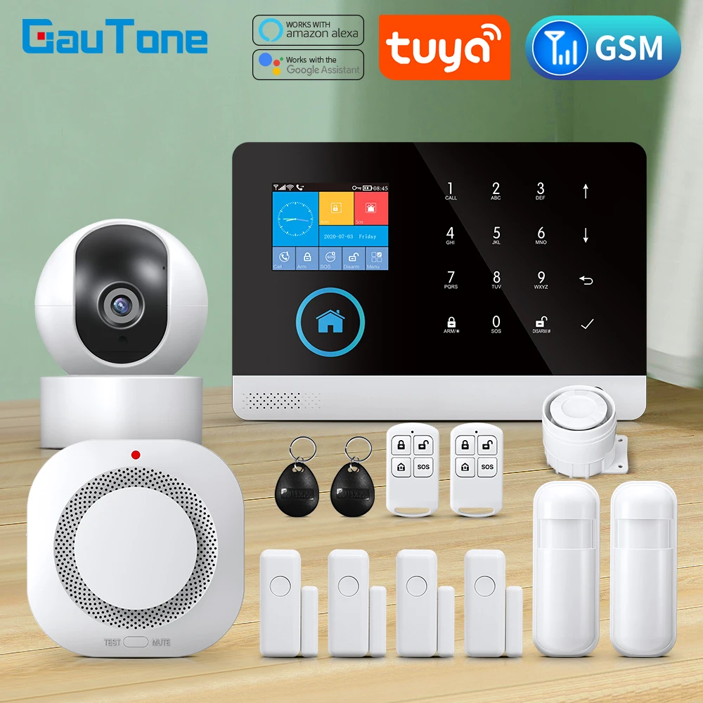 Gautone-Tuya Smart Home Security Alarm System, Wireless GSM, Painel de Alarme de Incêndio, Smart Life App Control, trabalhar com Alexa, Wi-Fi