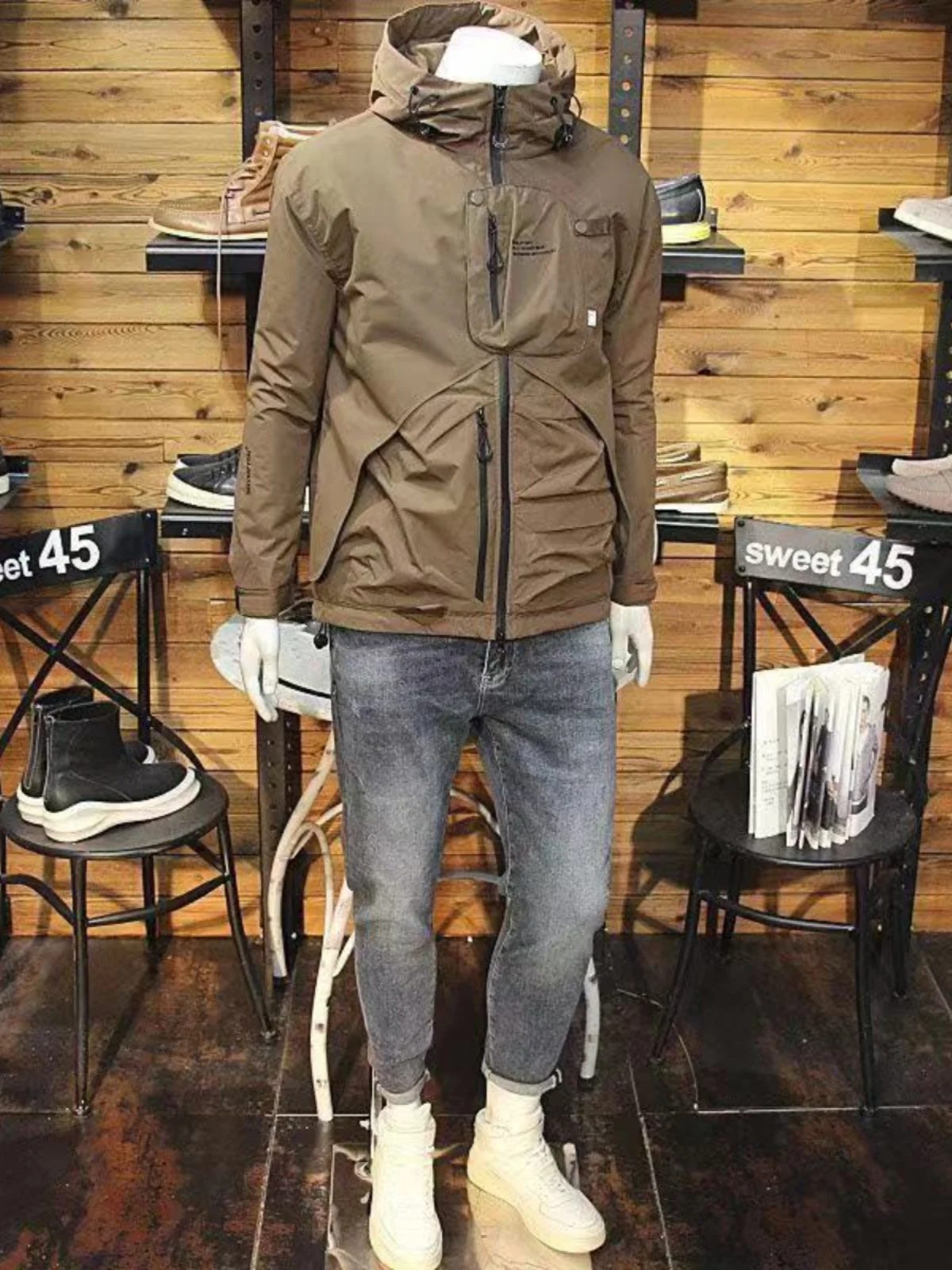 

Winter 2024 Men's Workwear Sle Hooded Jaet Multi-ket Simple Versatile Faionable Cotton Coat Stand Fit Youth Trend