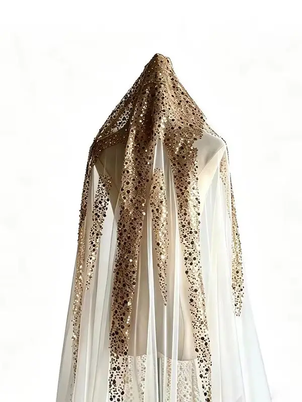Customized Luxury 3-Meter-Wide Sparkling New Gold Sequin Veil Bridal Wedding Accessories 2027 New Pearl Diamond Cathedral Veil