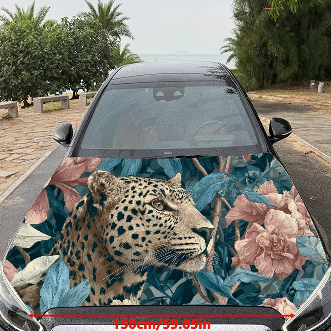 Car Decal Leopard with Pink Floral & Teal Foliage Artistic Background & Ferocious-Eclectic Botanical Aesthetic Car Hood Sticker,