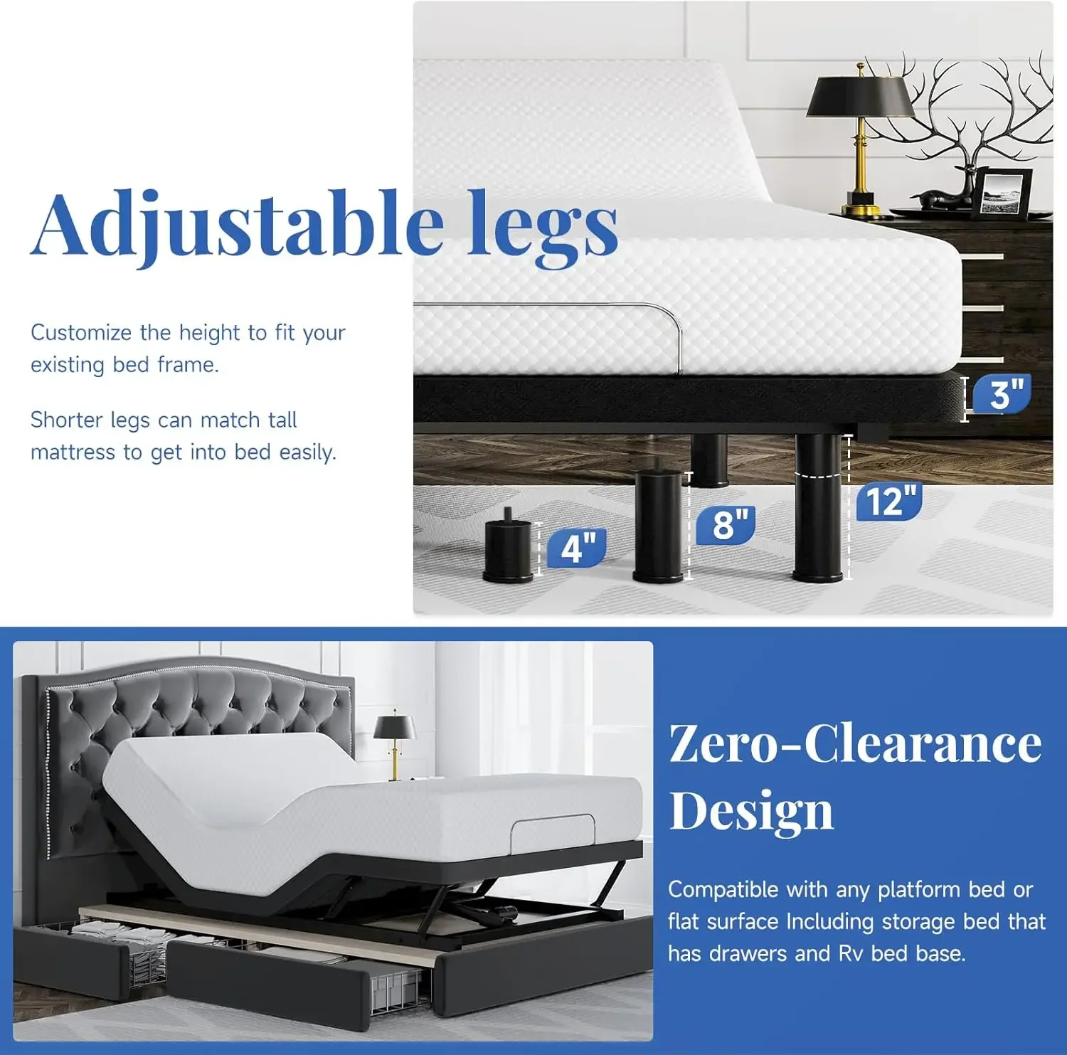 Adjustable Bed Frame Twin XL Size with Remote & Massage - Syncable Electric Beds Bases w/Zero Clearance, Zero Gravity, USB