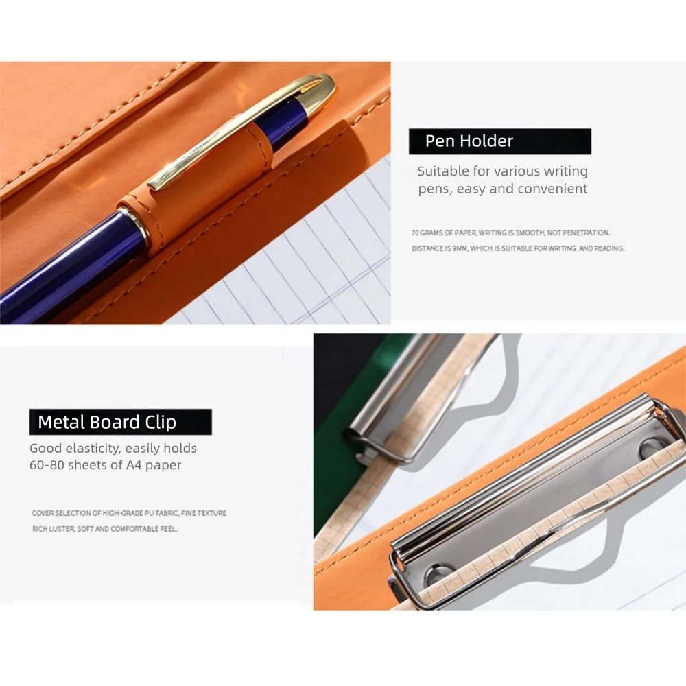 

With Cover A4 File Folder Clipboard Metal Board Clip With Pen Holder PU Leather Writing Clip Multifunctional Non-slip
