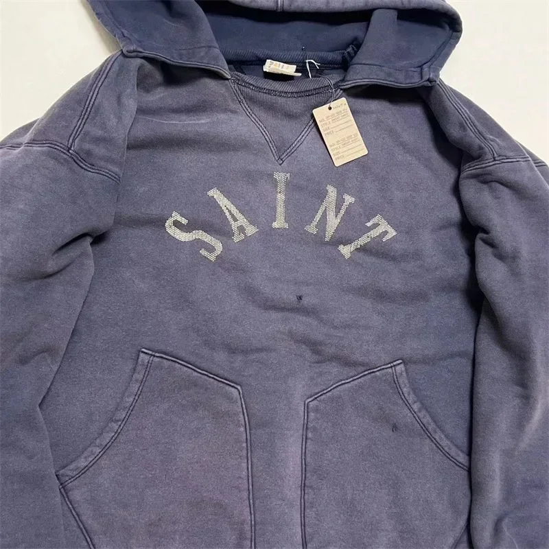 

24ss Washed Purple M13 SAINT MICHAEL Hoodies For Men Women 1:1 Top Quality Damaged Oversized Hooded Pullovers