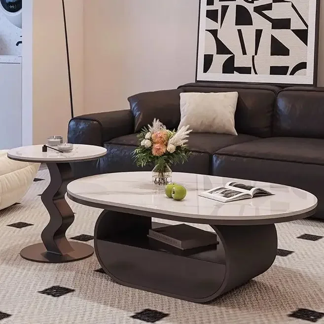 Rock slab Italian oval coffee table light luxury living room simple household high-grade cream new modern small apartment table