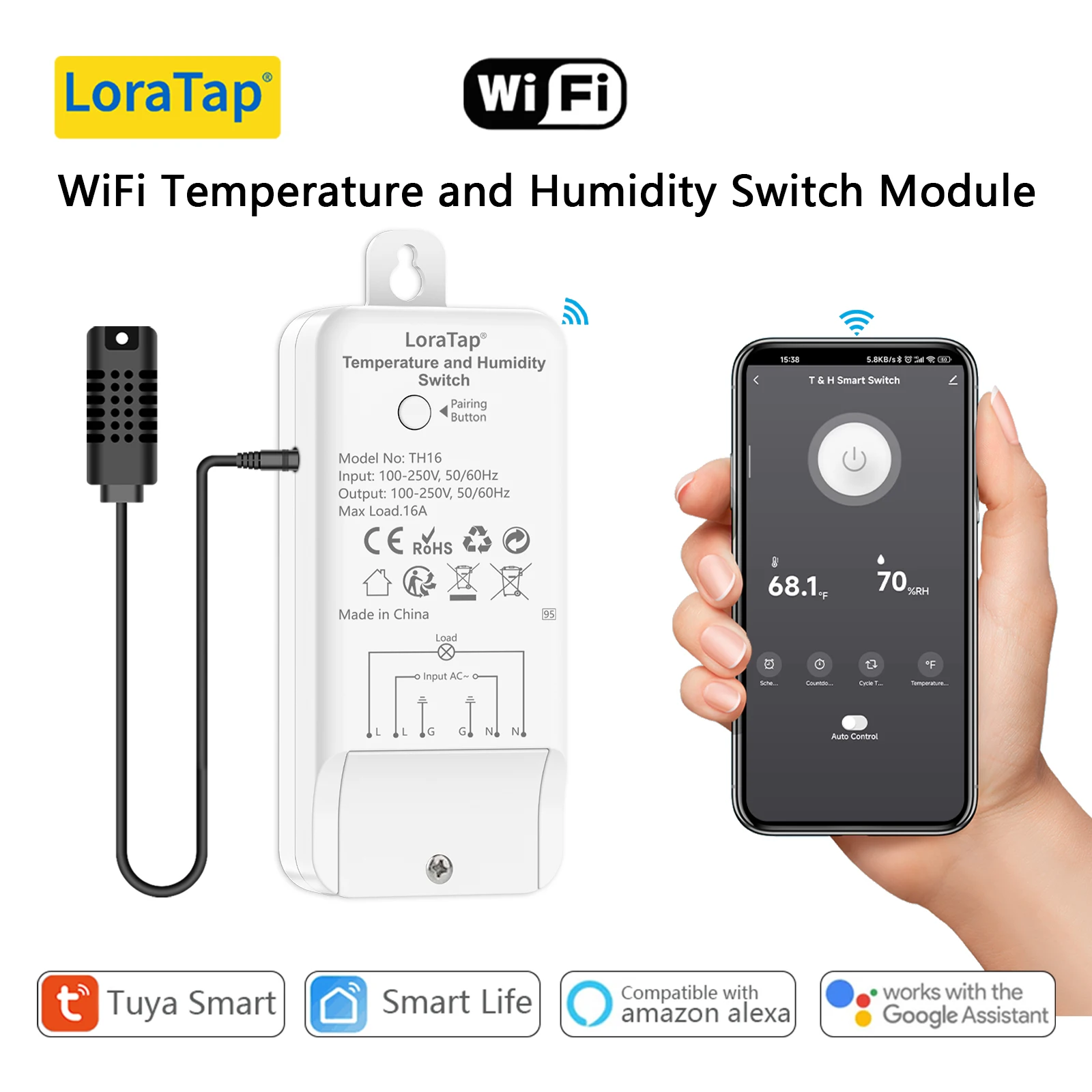 LoraTap temperatura e umidità interruttore On-breaker Tuay Smart Life App modulo di controllo scena voce di Alexa Google Home