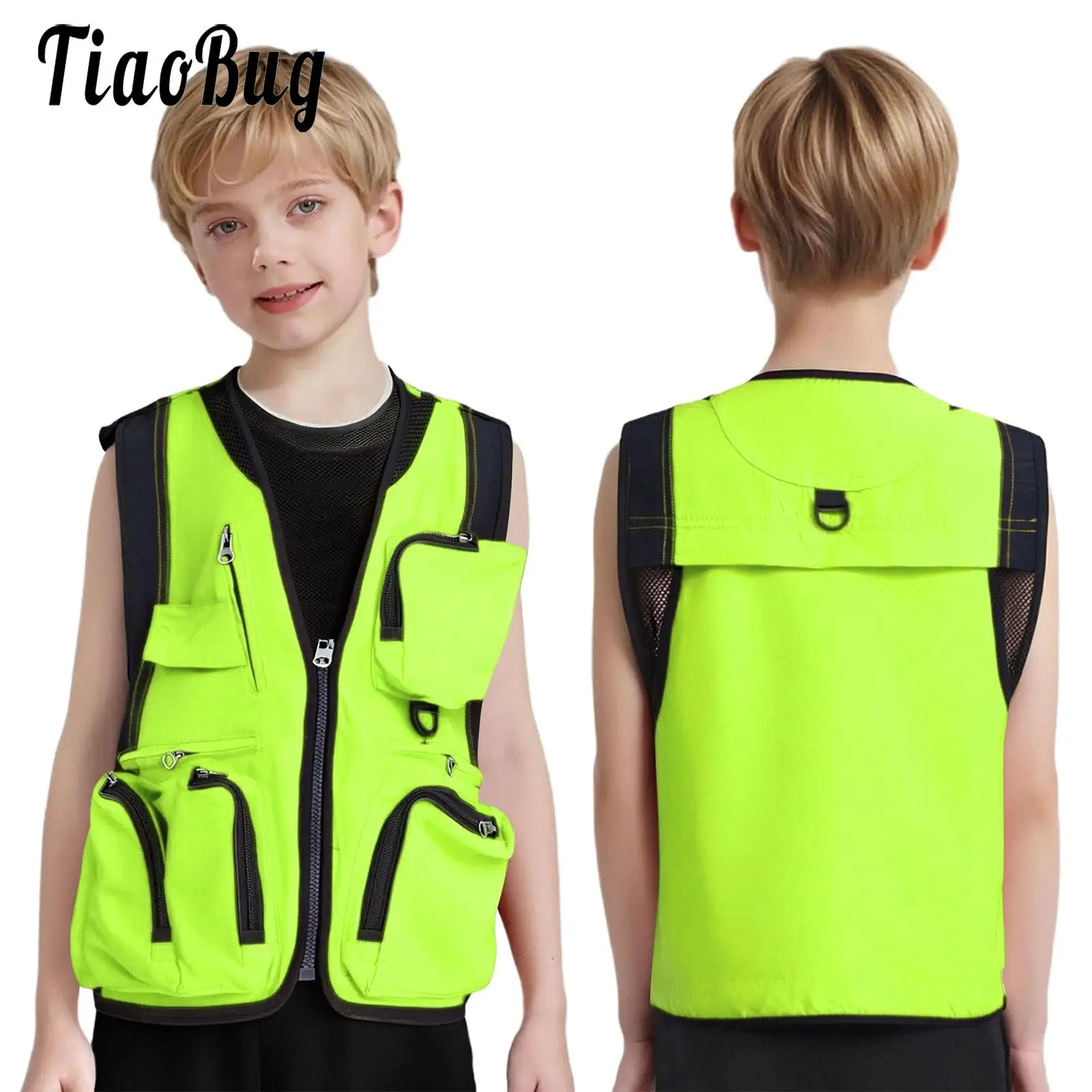

Kids Boys Girls Functional Outdoor Activities Waistcoat V-Neck Sleeveless Zipper Vest with Pockets for School Camping Fishing