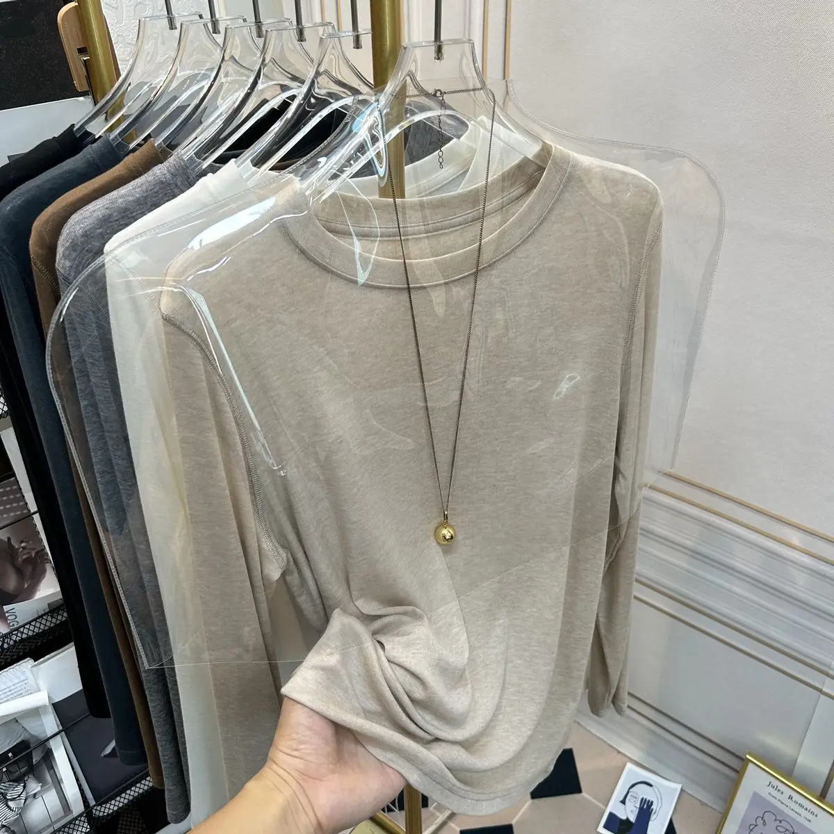 

Oversized soft inner coat smoke-gray base shirt spring solid color women's long-sleeved T-shirt