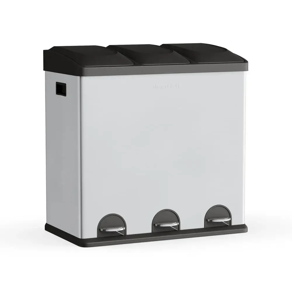

3-Compartment Stainless Steel Kitchen Trash Recycling Bin 16 Gal Step Pedal Heavy-Duty Dog Food Storage