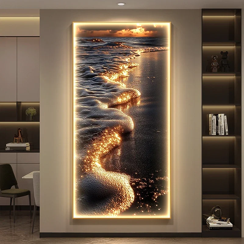 

Abstract Lustre Mural Light Modern Luxury LED Wall Lamps Entrance Living Room Decoration Corridor Gold Sea Wave Hanging Painting