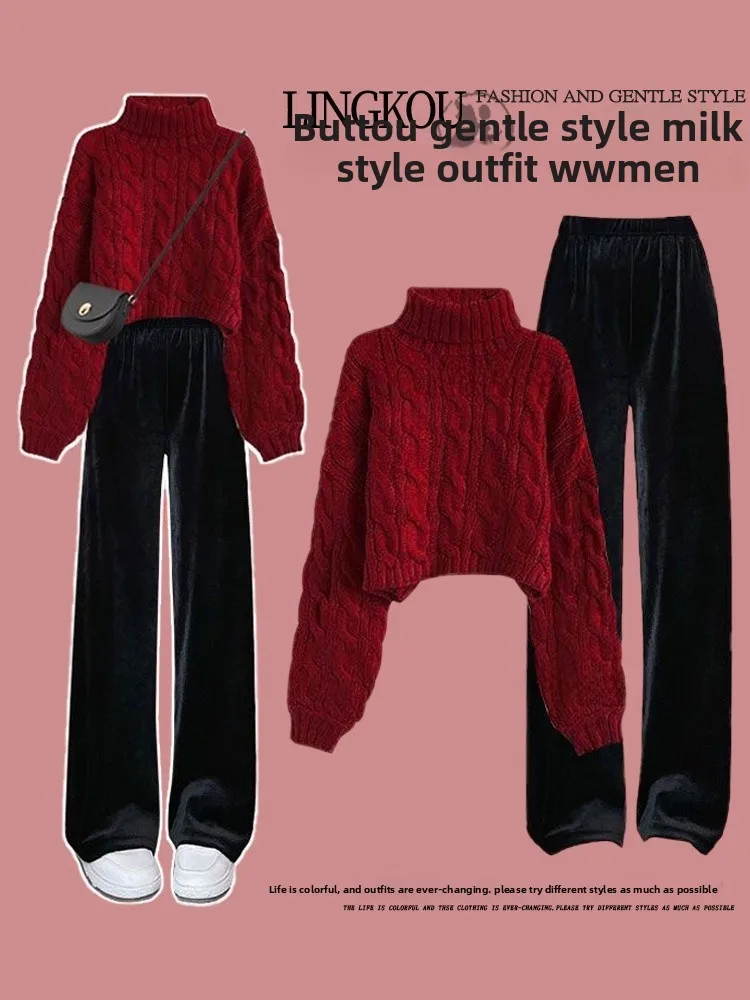 

Комплект для похудения больших размеров: профессиональный женский модный костюм из свитера с высоким воротником и брюк с широкими штанинами, зимняя коллекция.