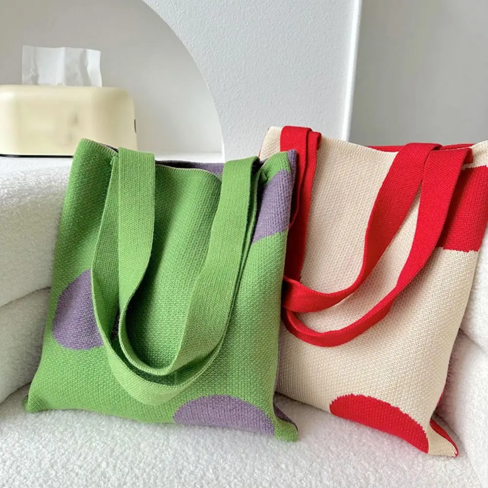 High-capacity Knit Handbag Fashion Knit Wave Point Knot Wrist Bag Tote Bag Women