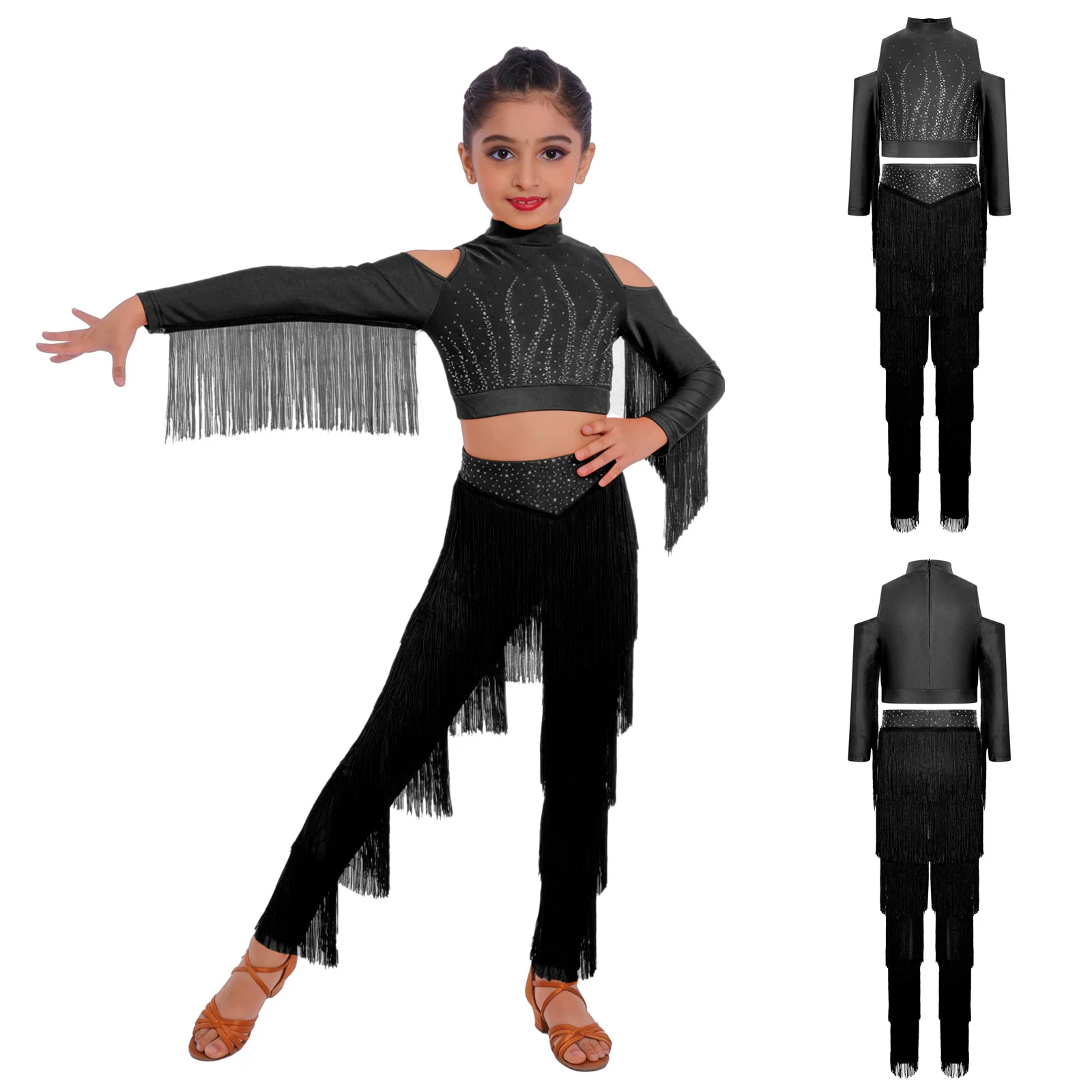 

Детский костюм для латиноамериканских танцев (самба) для девочек: укороченный топ с длинными рукавами и бахромой, брюки с многоярусной бахромой для латиноамериканских танцев