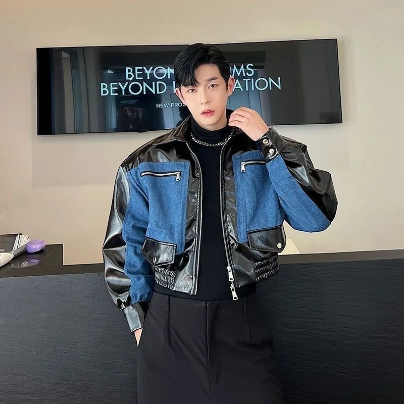 Fall Winter Short Denim Patchwork Jacket Men's Outerwear Korean Style Fashion Urban PU Leather Jacket Trendy Street Style